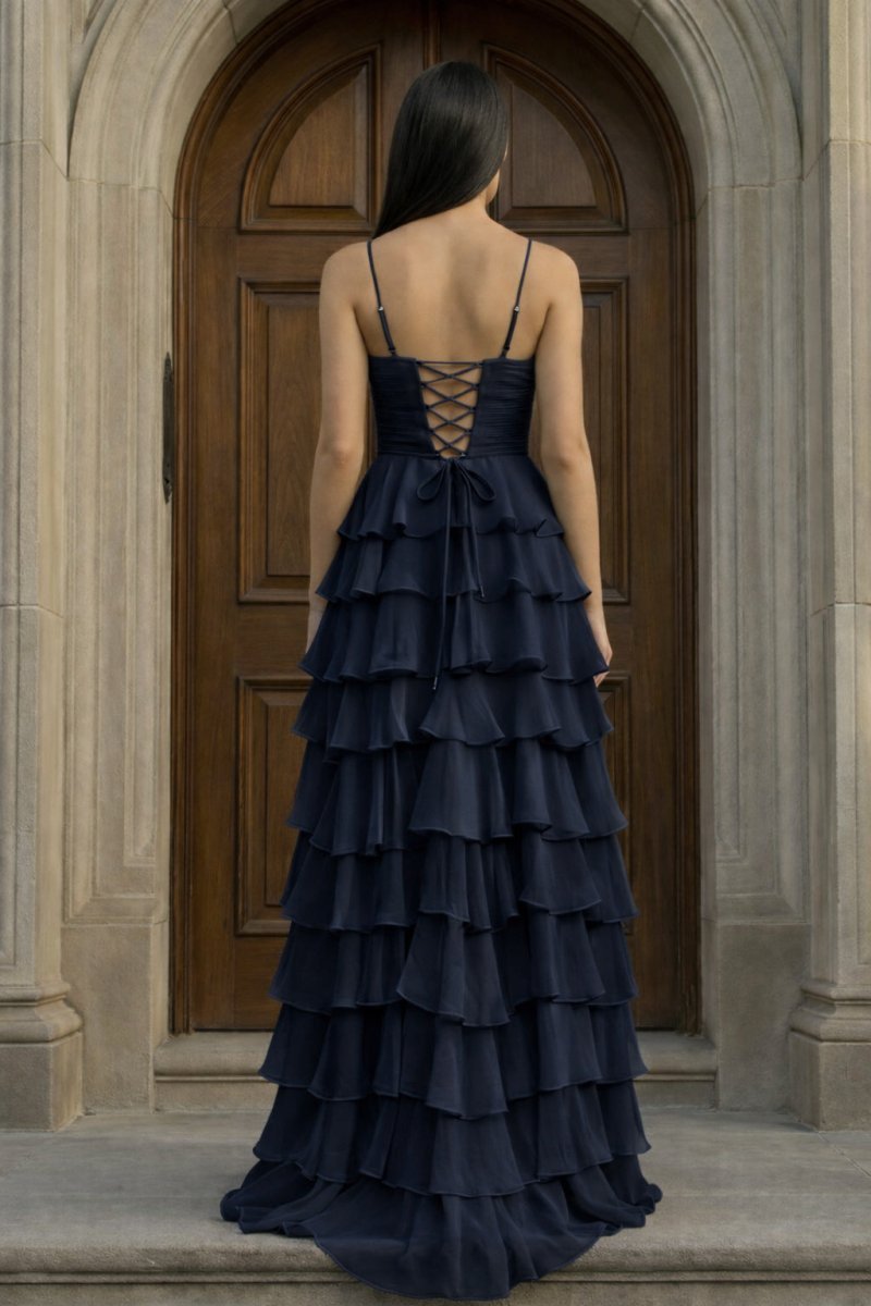 A Line Spaghetti Straps Yellow Long Prom Dress with Ruffles