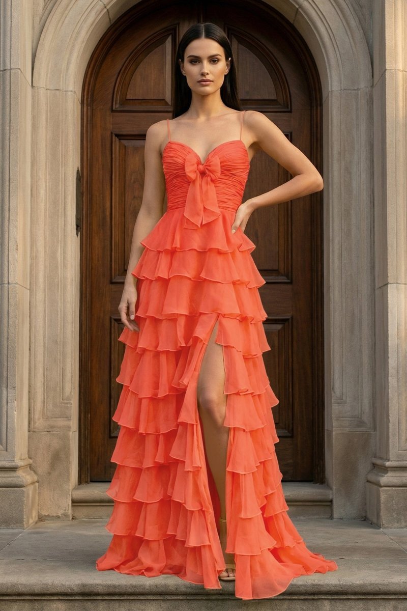 A Line Spaghetti Straps Yellow Long Prom Dress with Ruffles