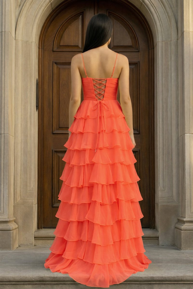A Line Spaghetti Straps Yellow Long Prom Dress with Ruffles