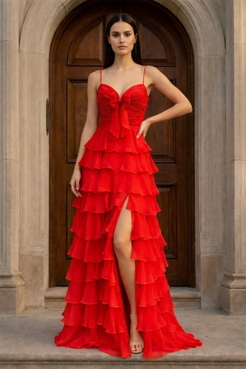 A Line Spaghetti Straps Yellow Long Prom Dress with Ruffles