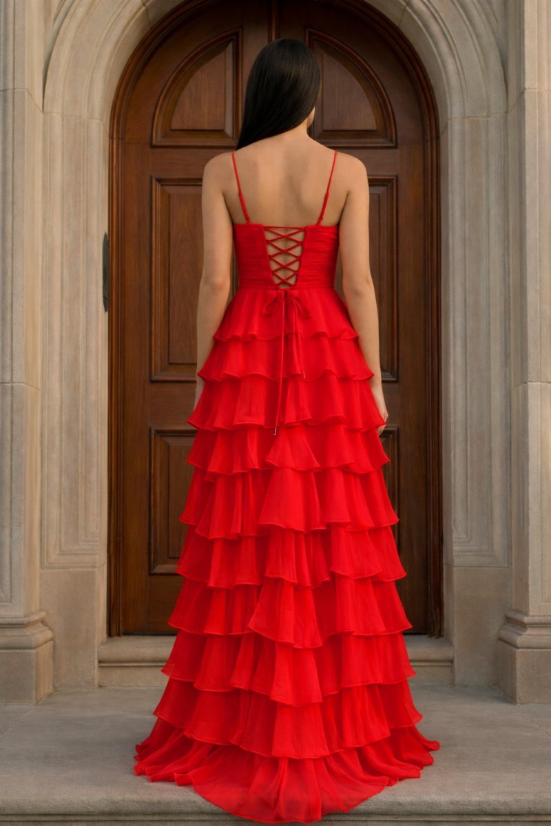 A Line Spaghetti Straps Yellow Long Prom Dress with Ruffles