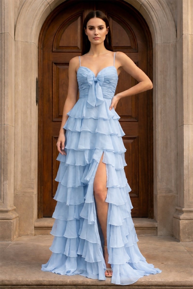 A Line Spaghetti Straps Yellow Long Prom Dress with Ruffles