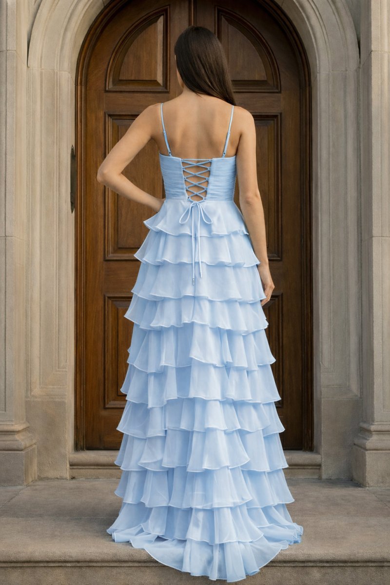 A Line Spaghetti Straps Yellow Long Prom Dress with Ruffles