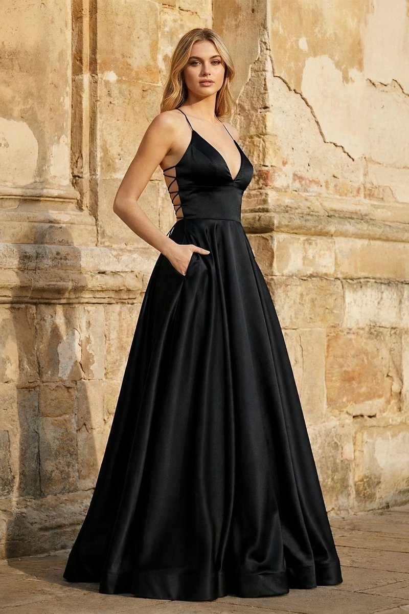A Line Royal Blue Spaghetti Straps Satin Prom Dress With Pockets