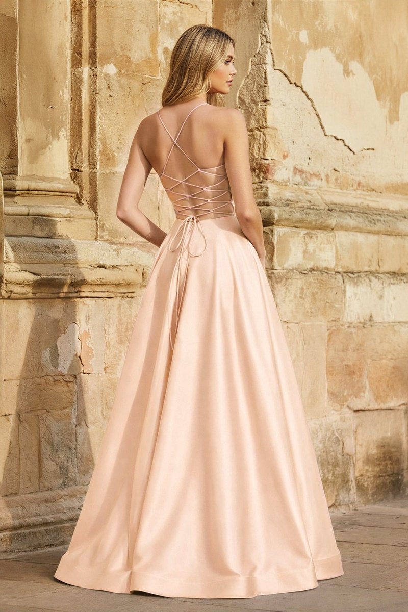 A Line Royal Blue Spaghetti Straps Satin Prom Dress With Pockets