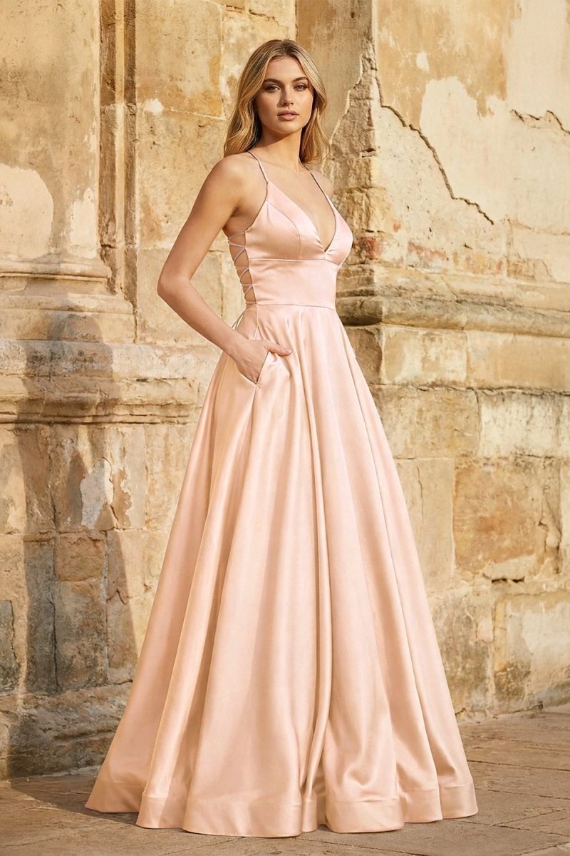 A Line Royal Blue Spaghetti Straps Satin Prom Dress With Pockets