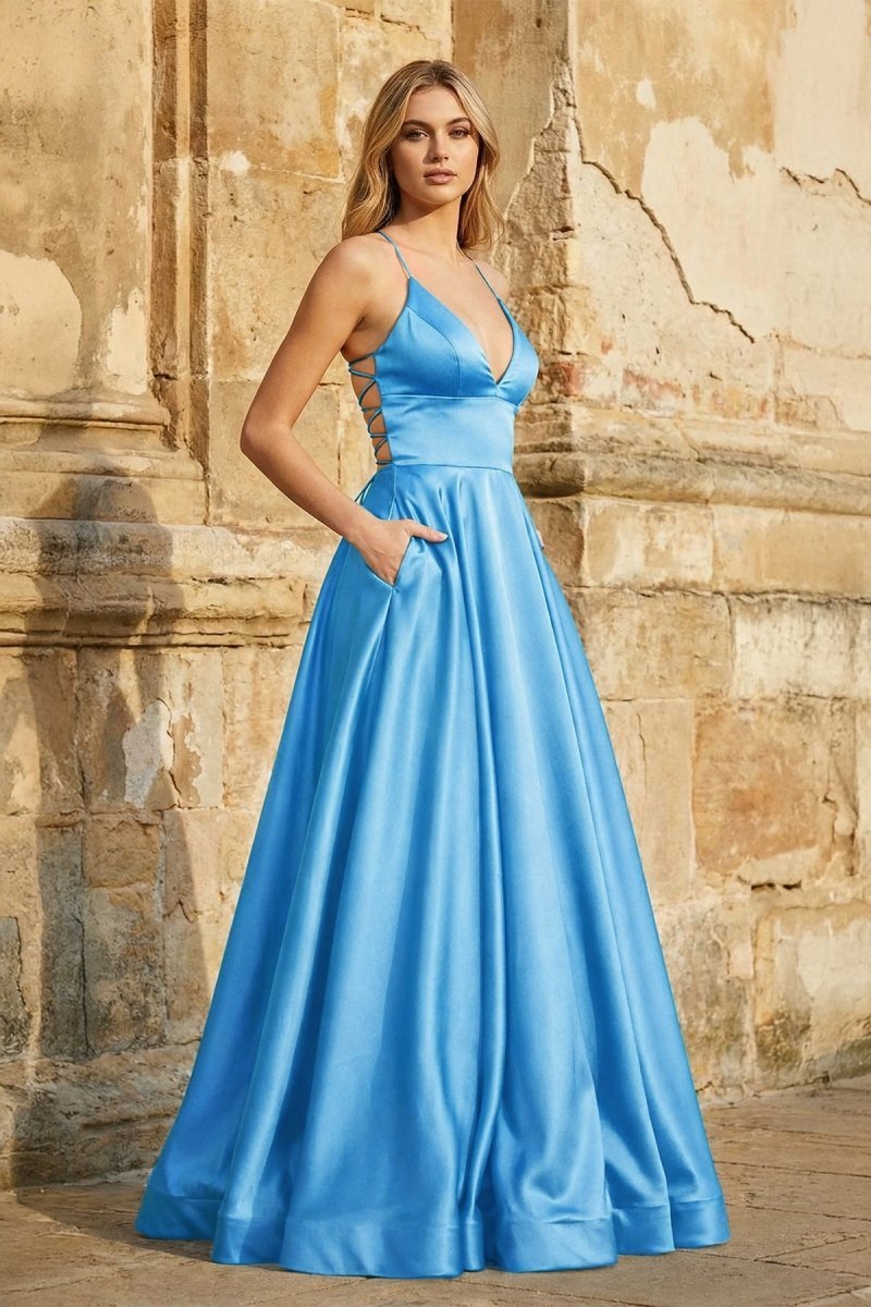 A Line Royal Blue Spaghetti Straps Satin Prom Dress With Pockets