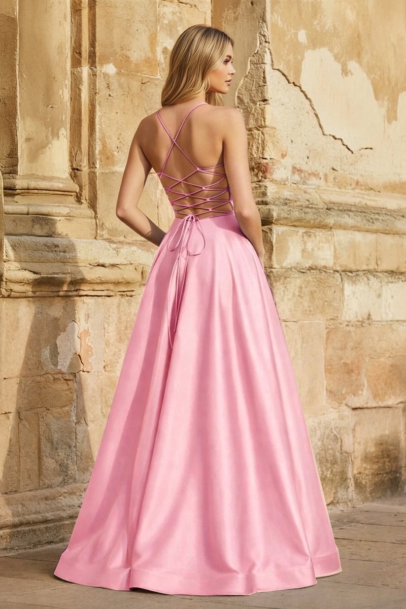 A Line Royal Blue Spaghetti Straps Satin Prom Dress With Pockets
