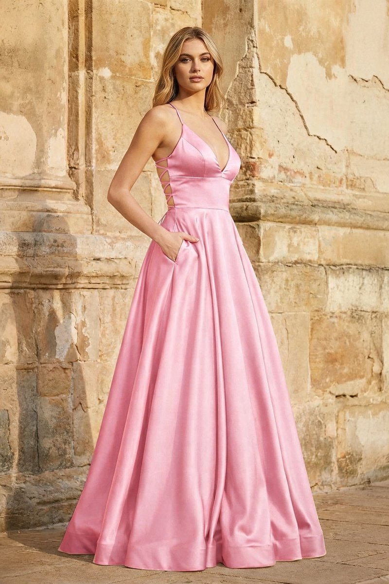 A Line Royal Blue Spaghetti Straps Satin Prom Dress With Pockets