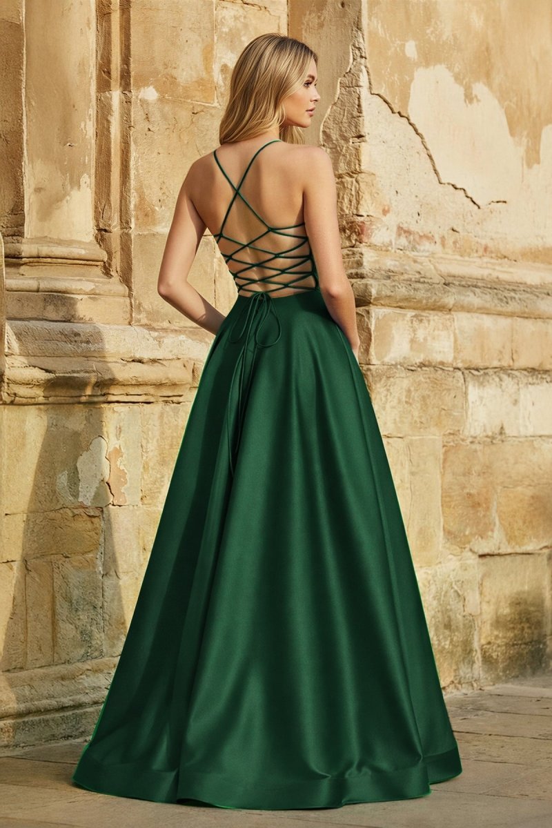 A Line Royal Blue Spaghetti Straps Satin Prom Dress With Pockets
