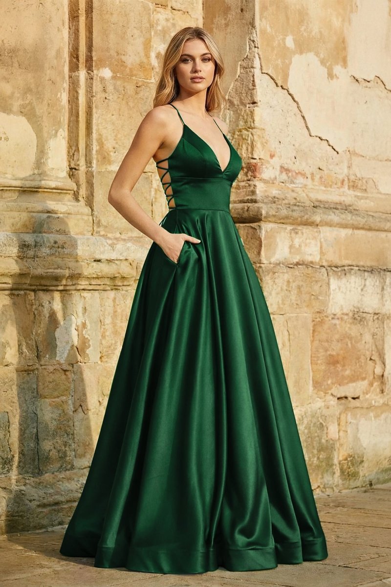 A Line Royal Blue Spaghetti Straps Satin Prom Dress With Pockets