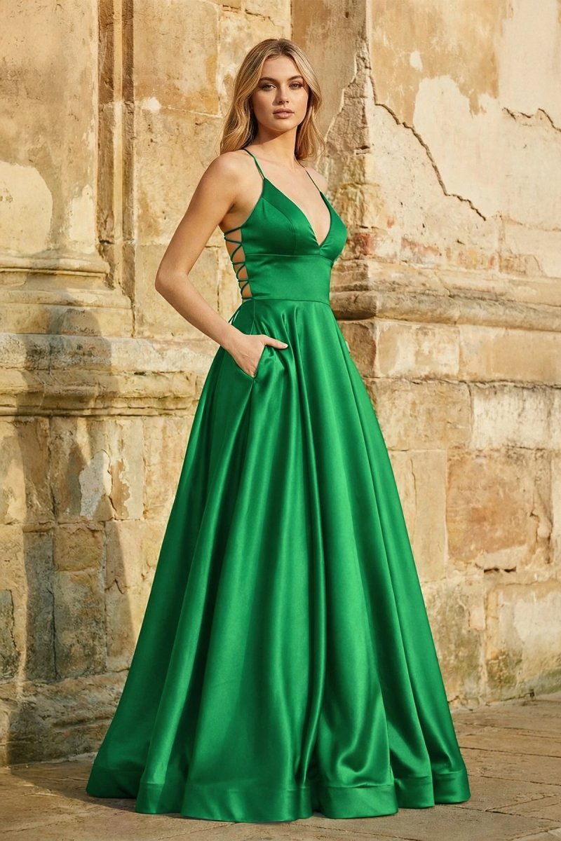 A Line Royal Blue Spaghetti Straps Satin Prom Dress With Pockets