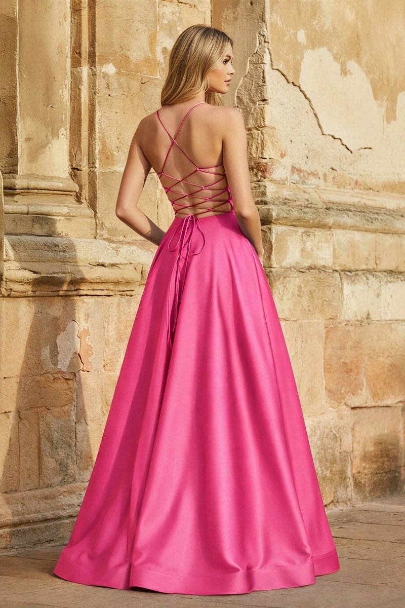 A Line Royal Blue Spaghetti Straps Satin Prom Dress With Pockets