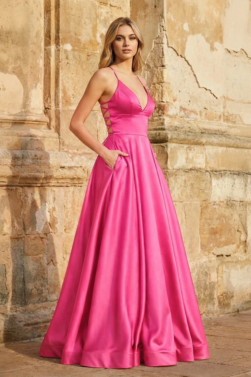 A Line Royal Blue Spaghetti Straps Satin Prom Dress With Pockets