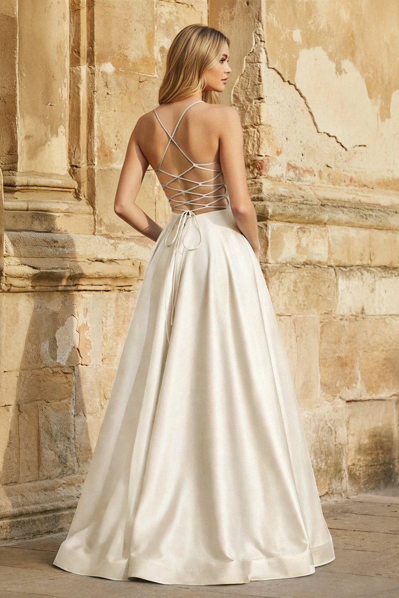 A Line Royal Blue Spaghetti Straps Satin Prom Dress With Pockets