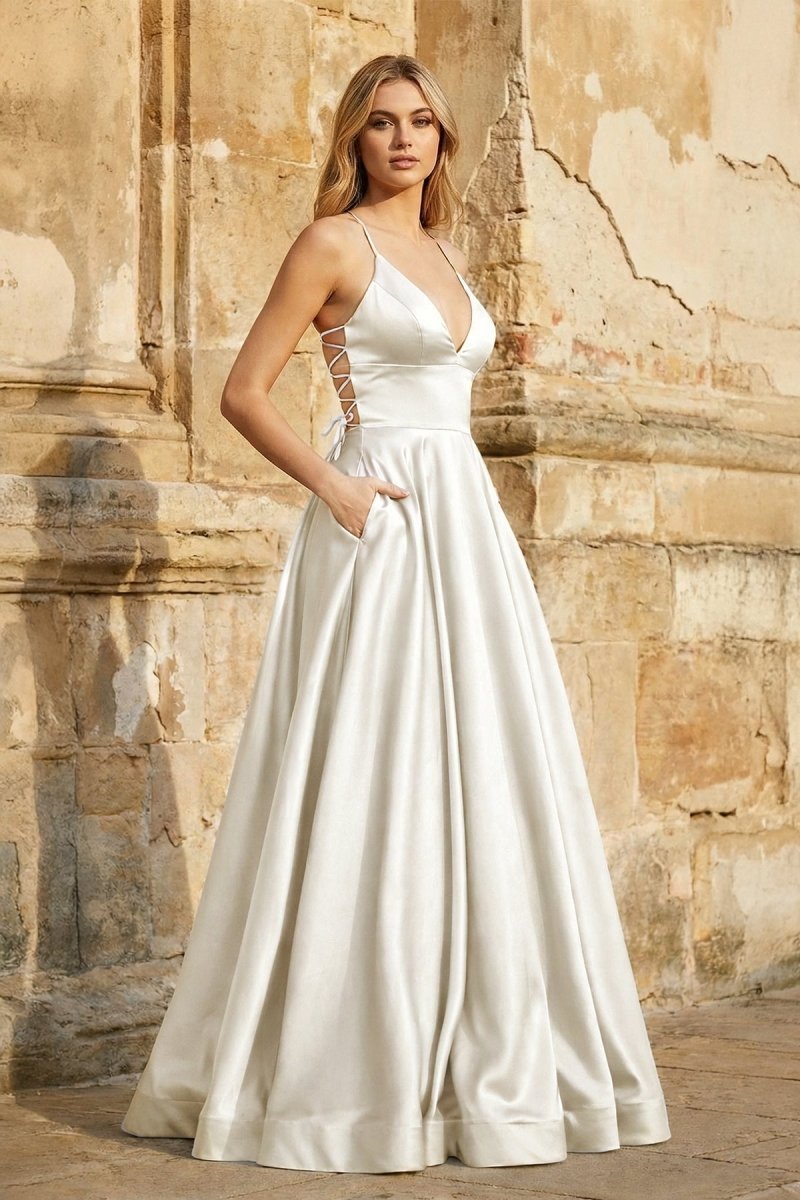 A Line Royal Blue Spaghetti Straps Satin Prom Dress With Pockets