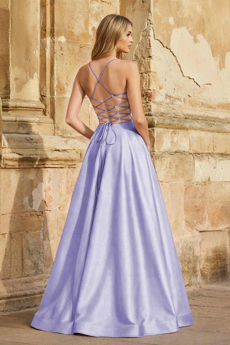 A Line Royal Blue Spaghetti Straps Satin Prom Dress With Pockets