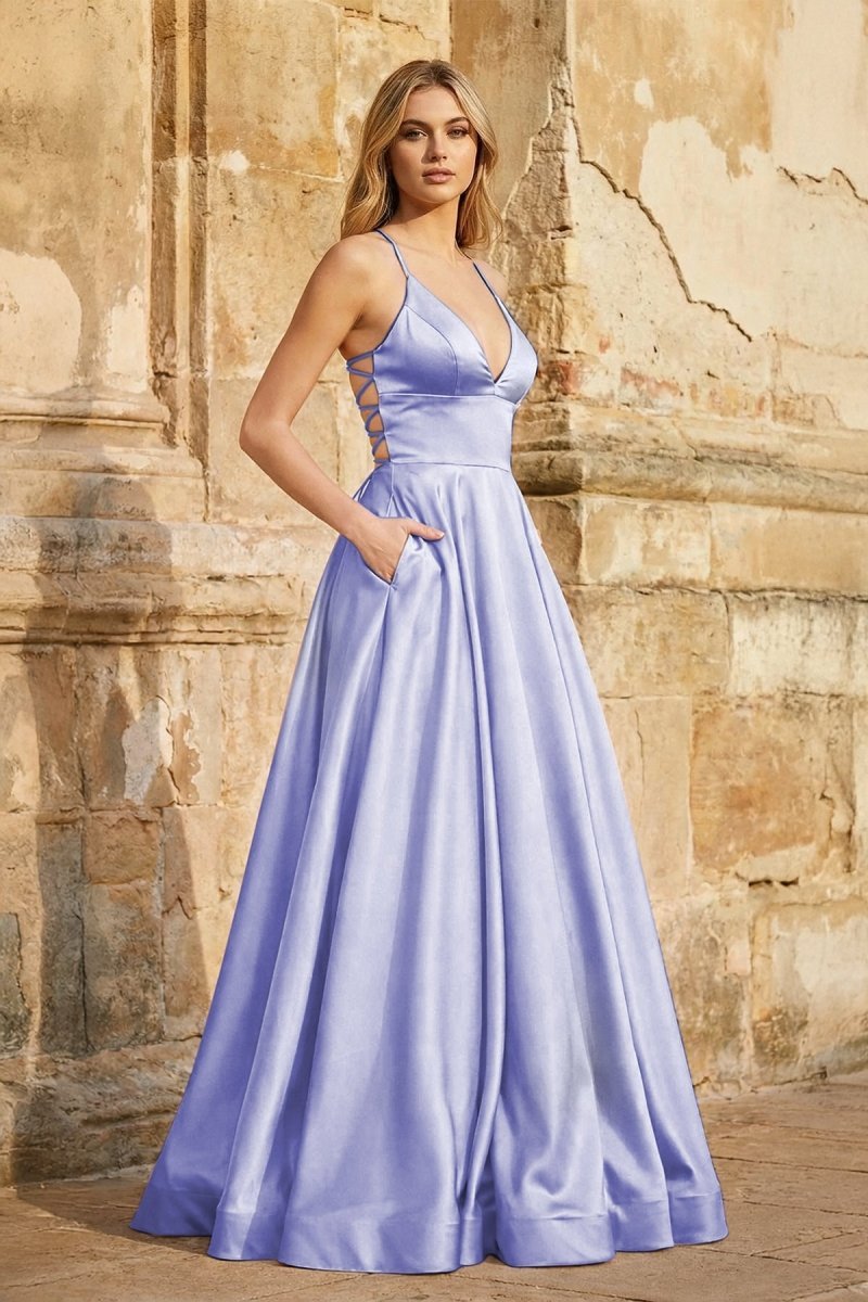 A Line Royal Blue Spaghetti Straps Satin Prom Dress With Pockets