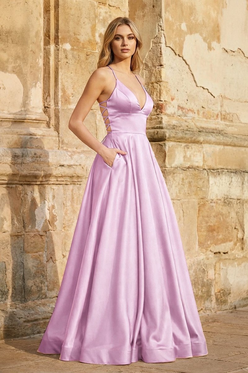 A Line Royal Blue Spaghetti Straps Satin Prom Dress With Pockets