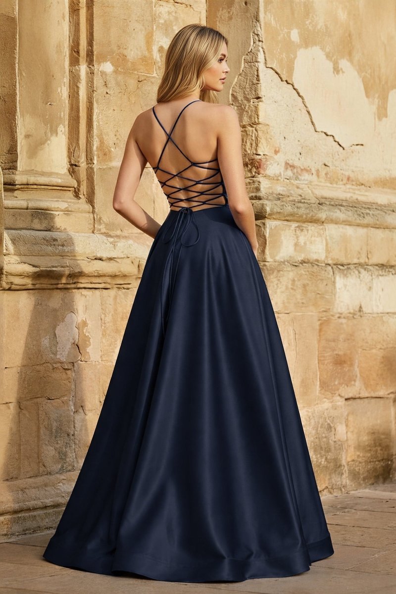 A Line Royal Blue Spaghetti Straps Satin Prom Dress With Pockets
