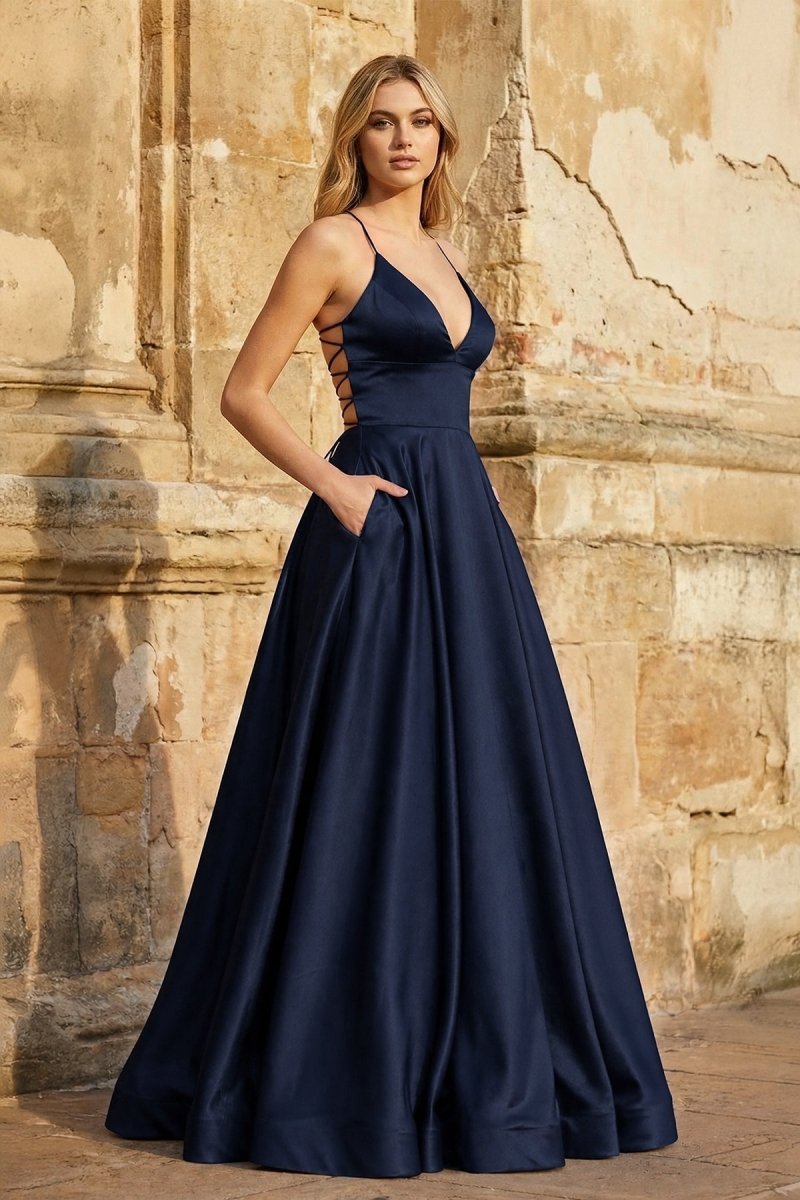 A Line Royal Blue Spaghetti Straps Satin Prom Dress With Pockets
