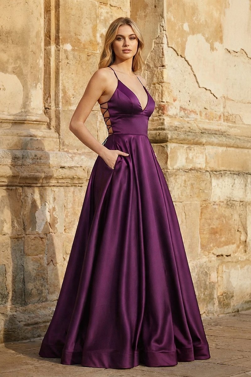 A Line Royal Blue Spaghetti Straps Satin Prom Dress With Pockets