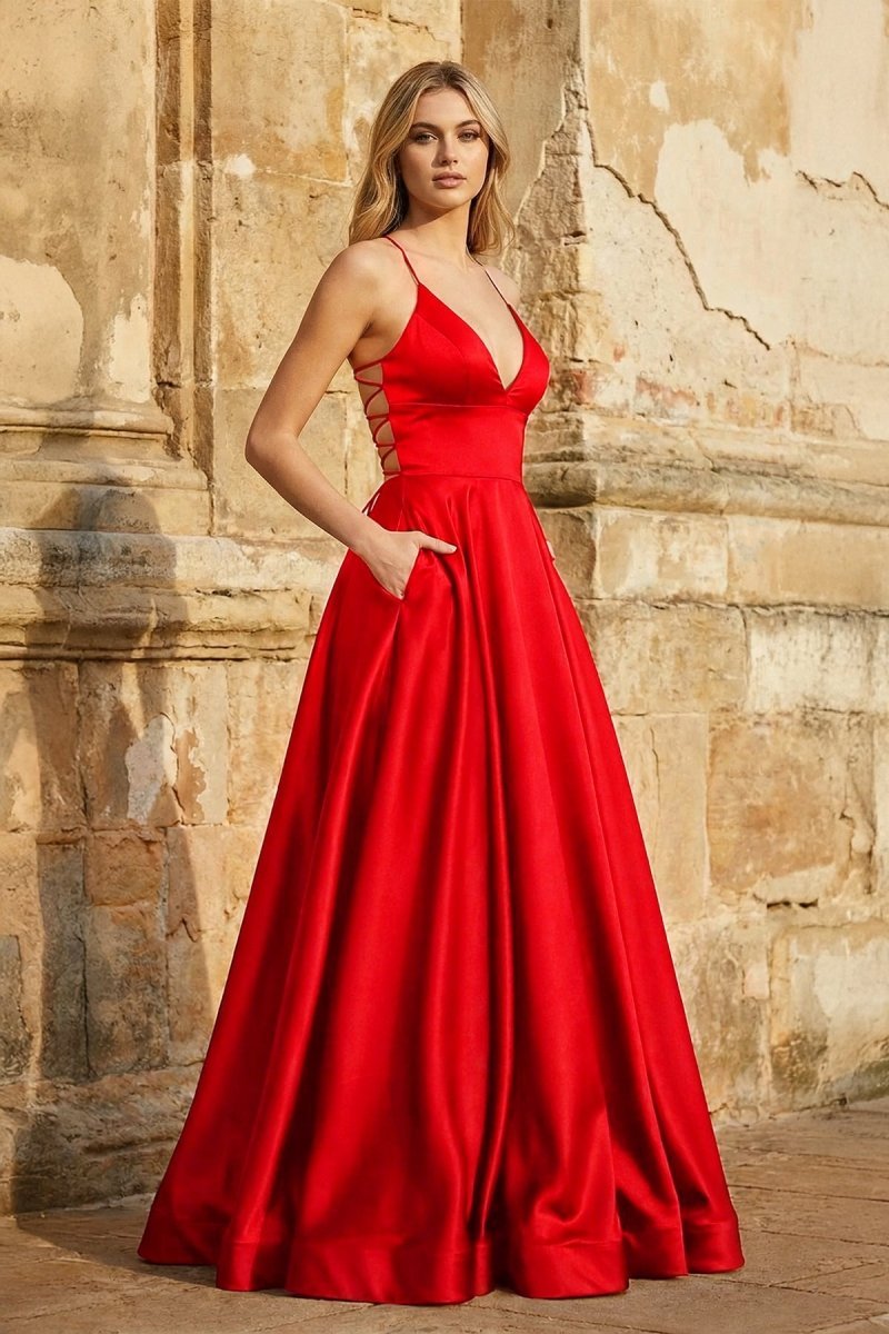 A Line Royal Blue Spaghetti Straps Satin Prom Dress With Pockets