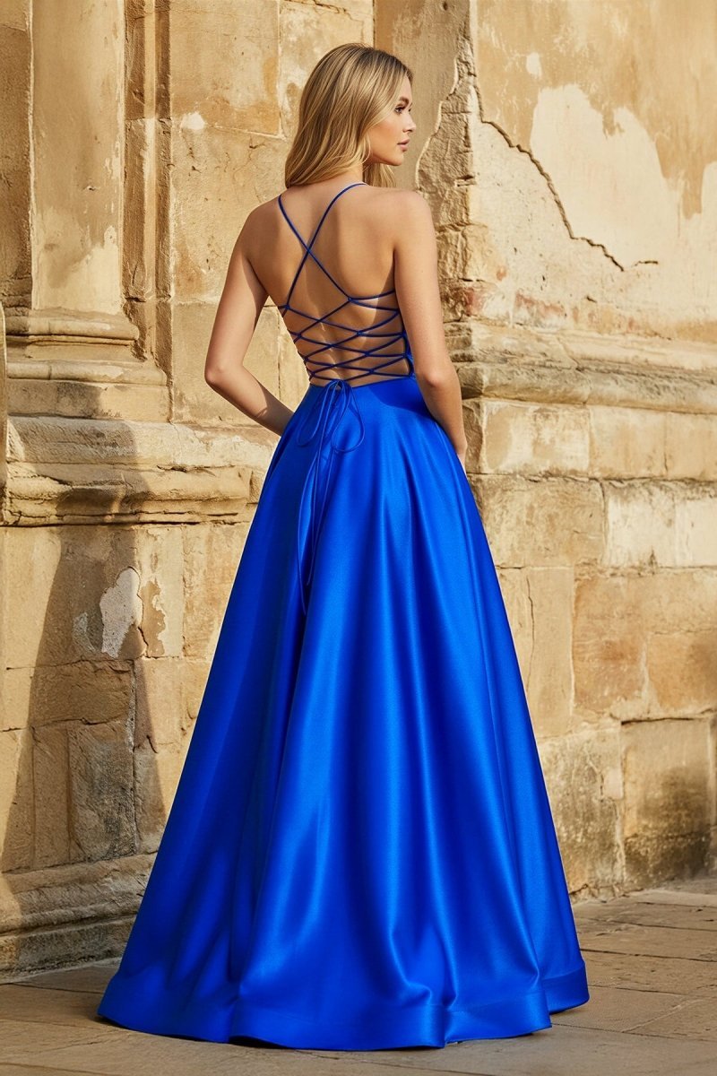 A Line Royal Blue Spaghetti Straps Satin Prom Dress With Pockets
