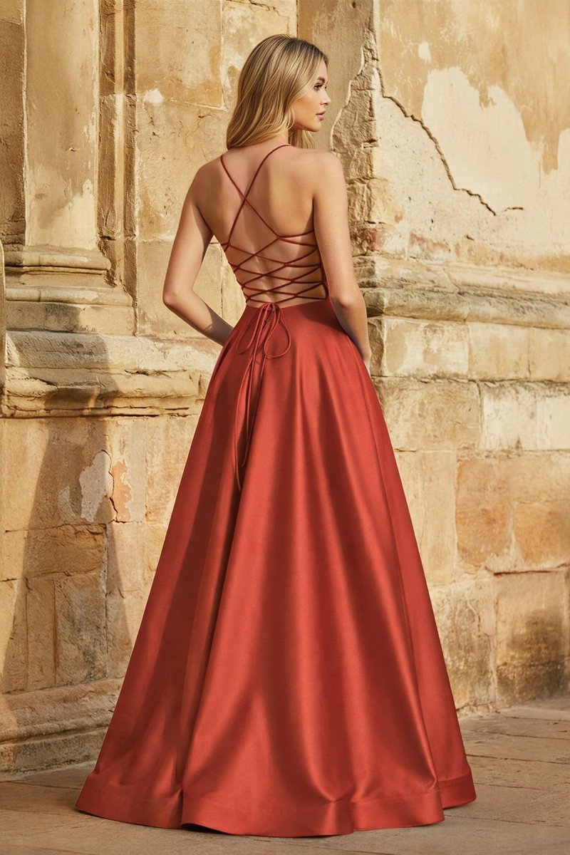 A Line Royal Blue Spaghetti Straps Satin Prom Dress With Pockets