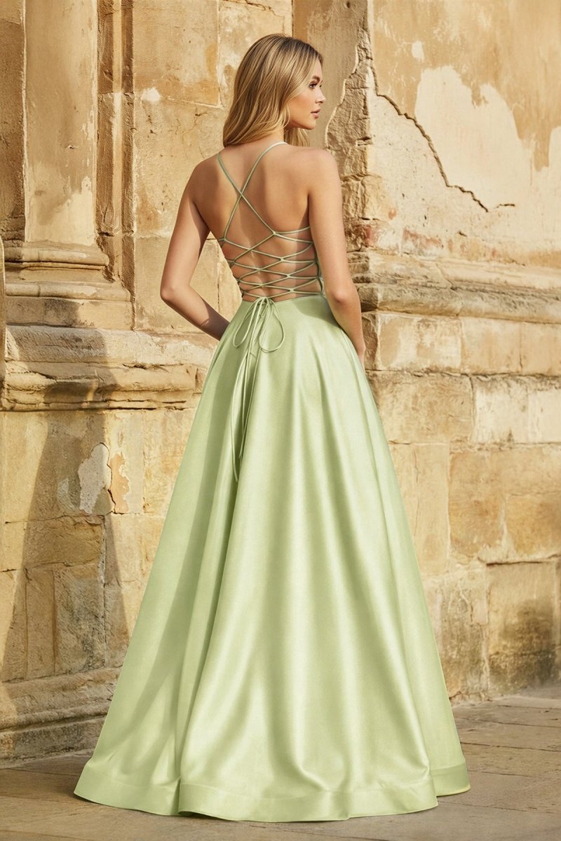 A Line Royal Blue Spaghetti Straps Satin Prom Dress With Pockets