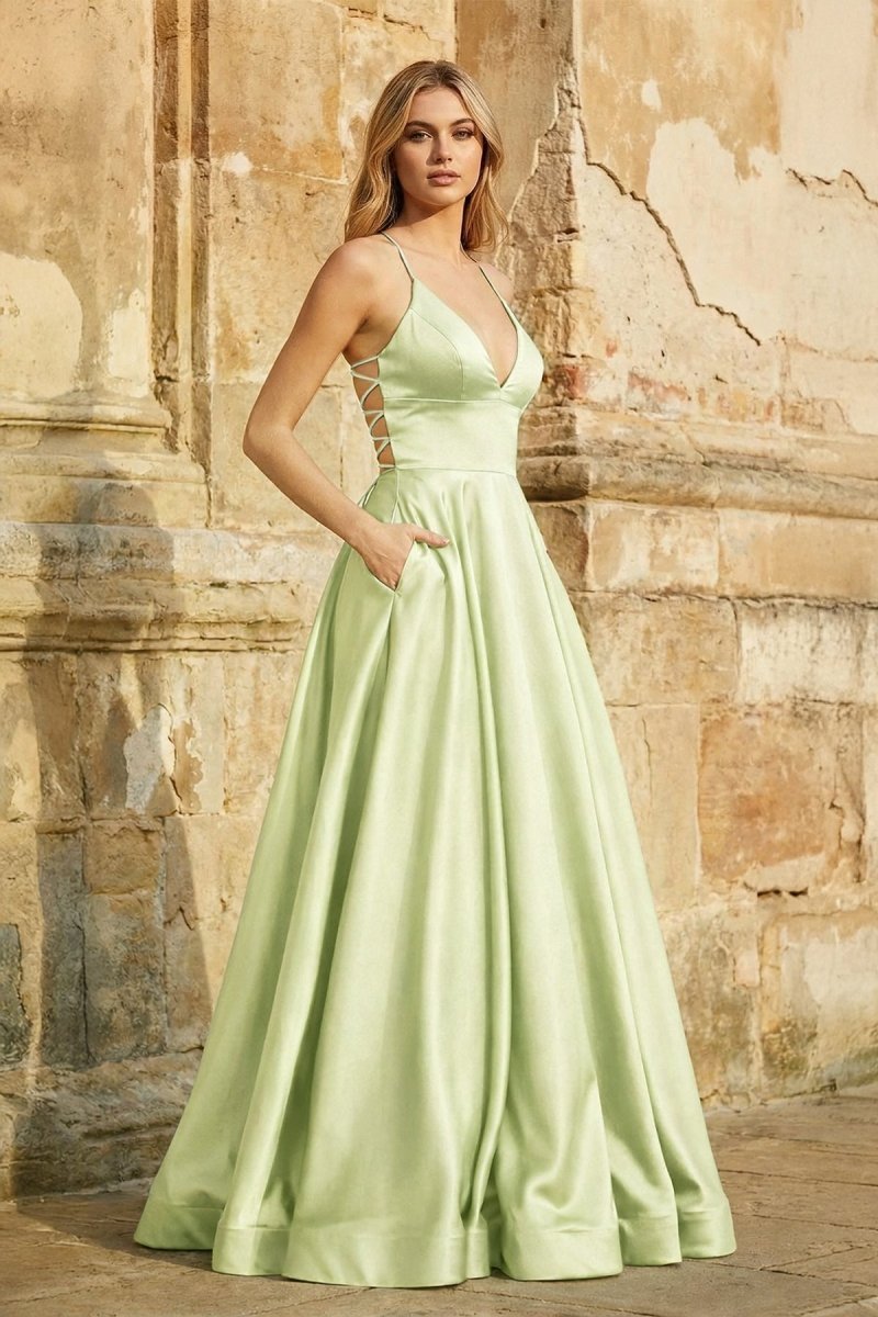 A Line Royal Blue Spaghetti Straps Satin Prom Dress With Pockets