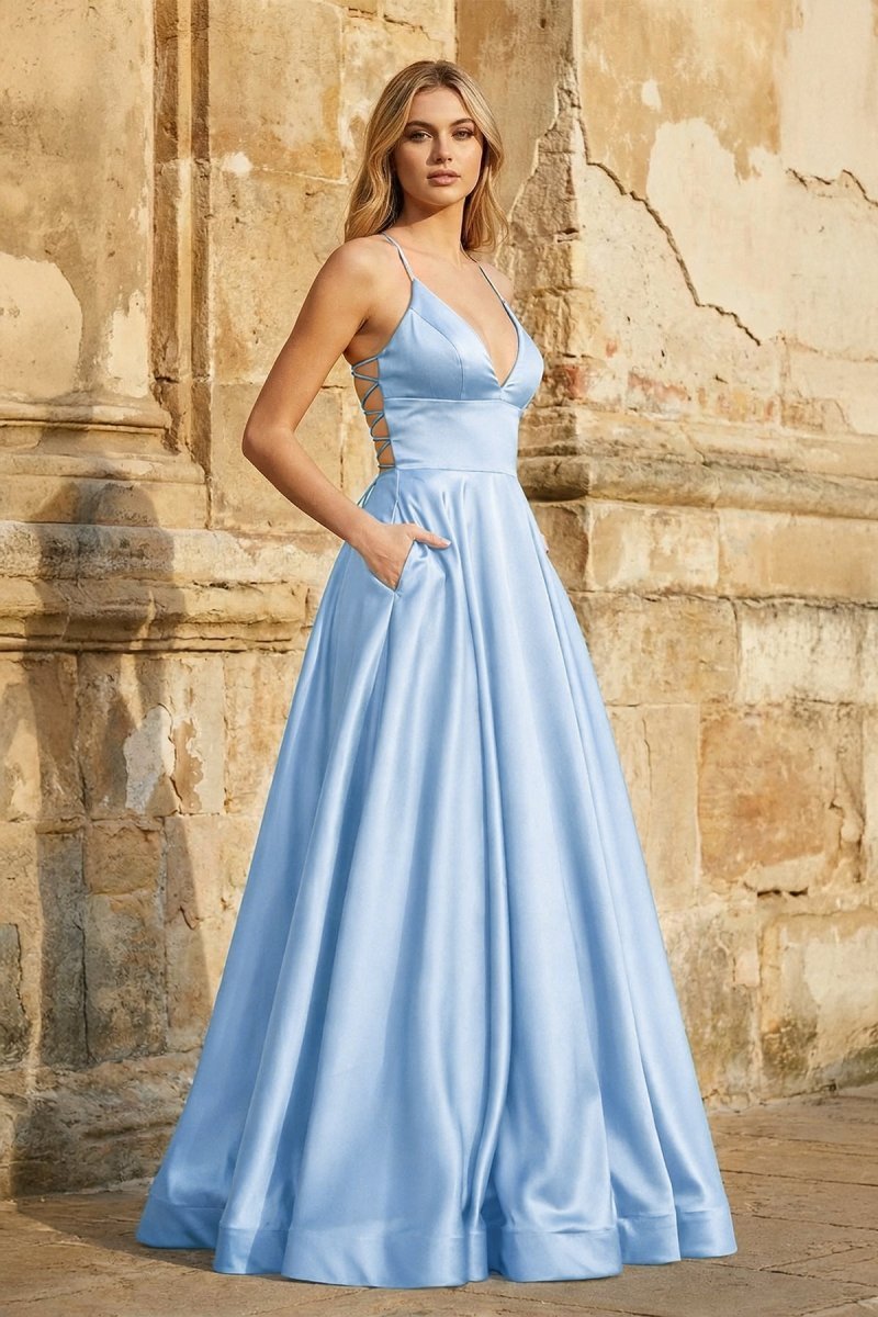 A Line Royal Blue Spaghetti Straps Satin Prom Dress With Pockets