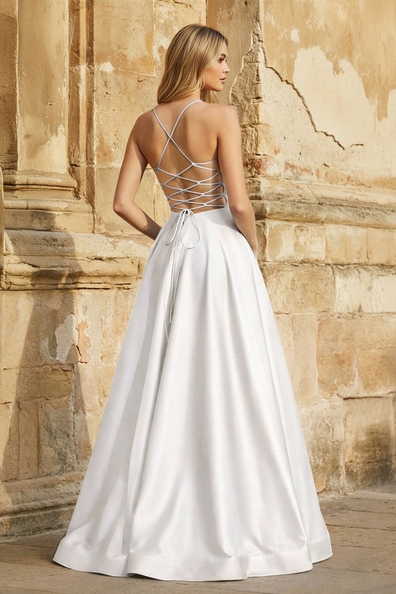 A Line Royal Blue Spaghetti Straps Satin Prom Dress With Pockets