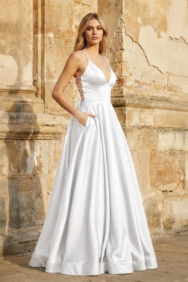 A Line Royal Blue Spaghetti Straps Satin Prom Dress With Pockets