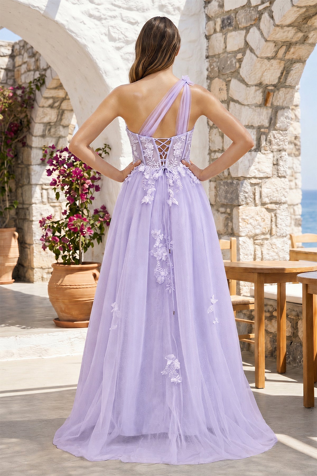 A Line One Shoulder Black Long Prom Dress with Appliques