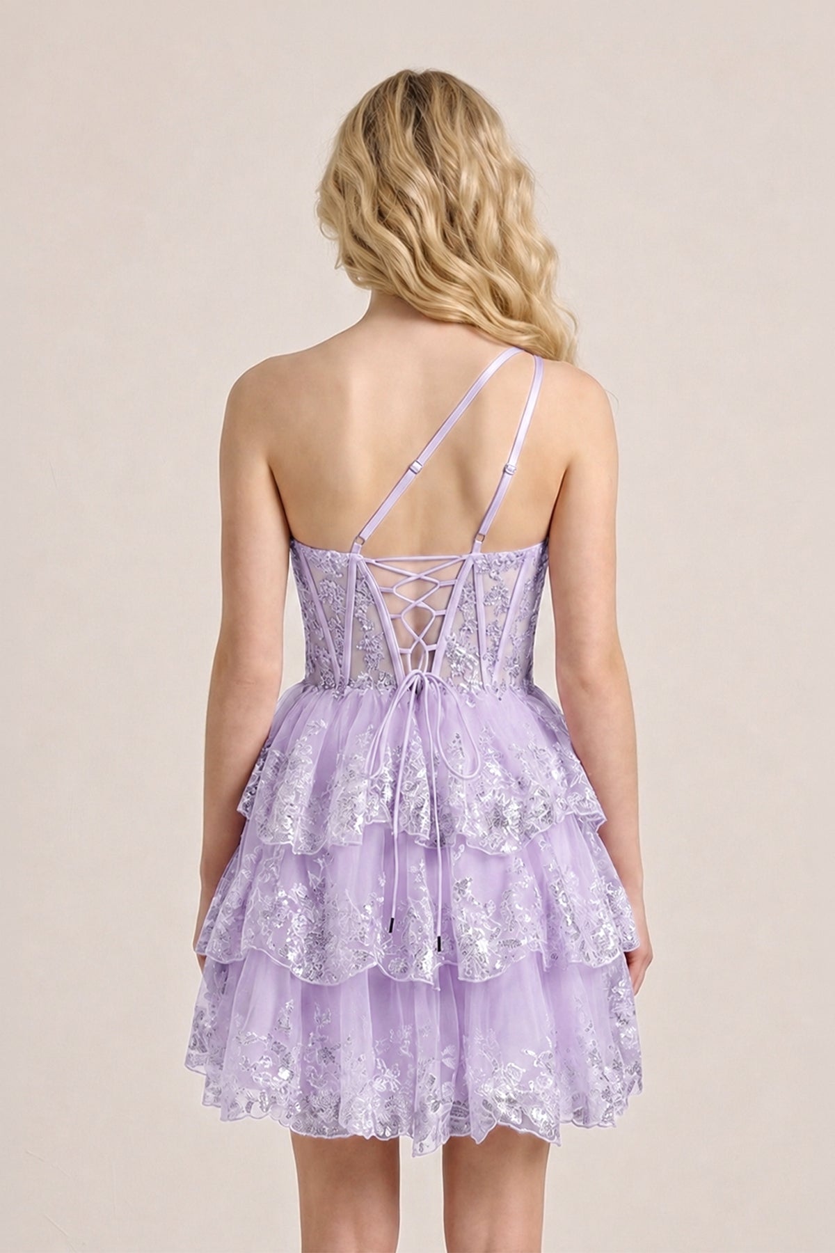 A Line One Shoulder Navy Tiered Lace Short Homecoming Dress