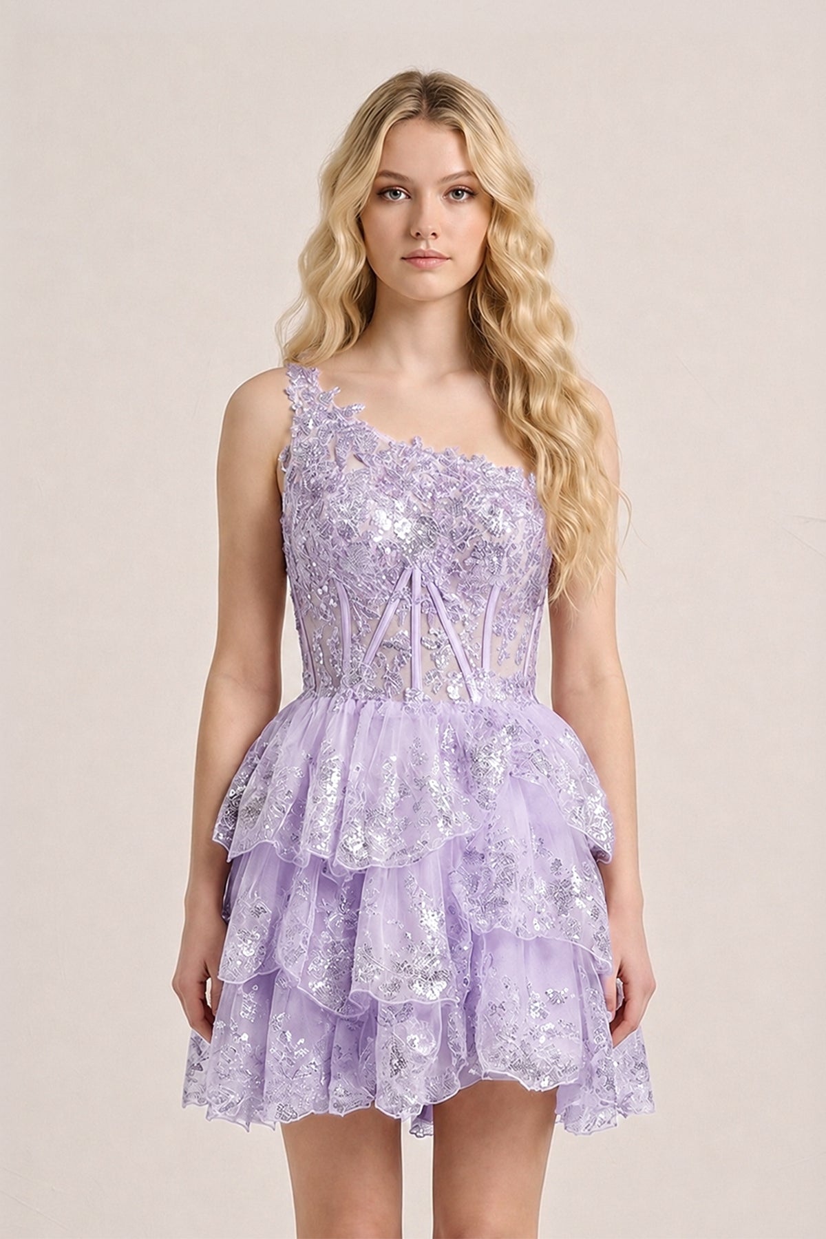 A Line One Shoulder Navy Tiered Lace Short Homecoming Dress