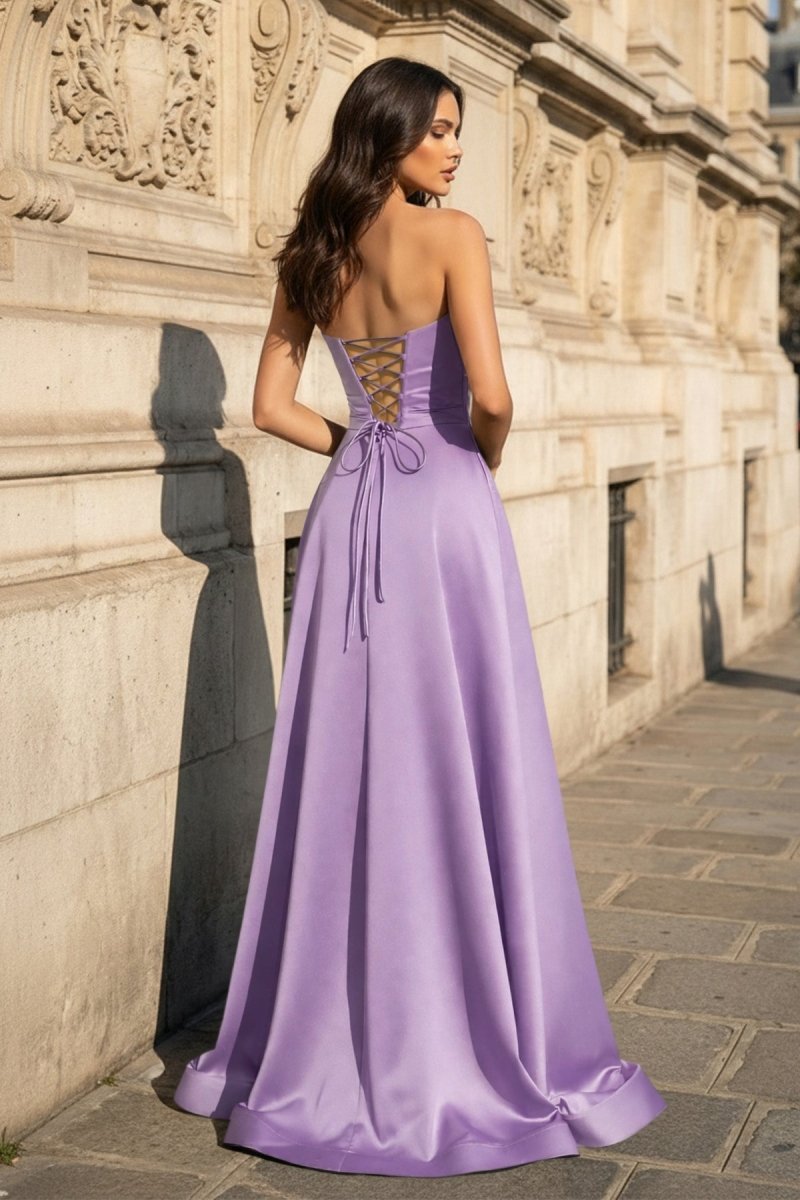 A Line Black Strapless Satin Prom Dresses With Slit