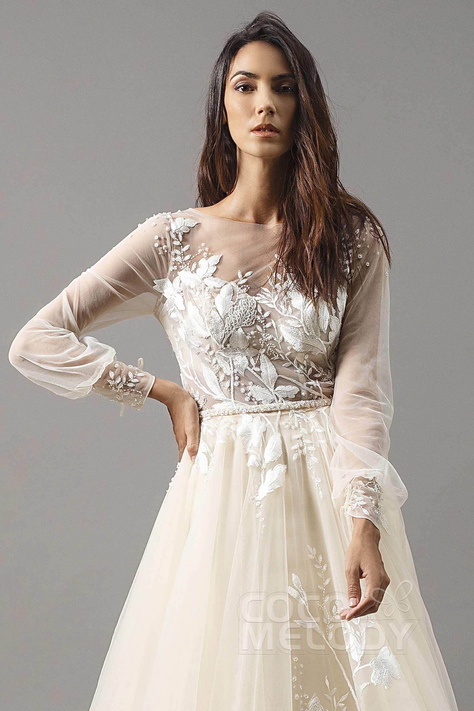 A-Line Chapel Train Tulle Wedding Dress LD5199