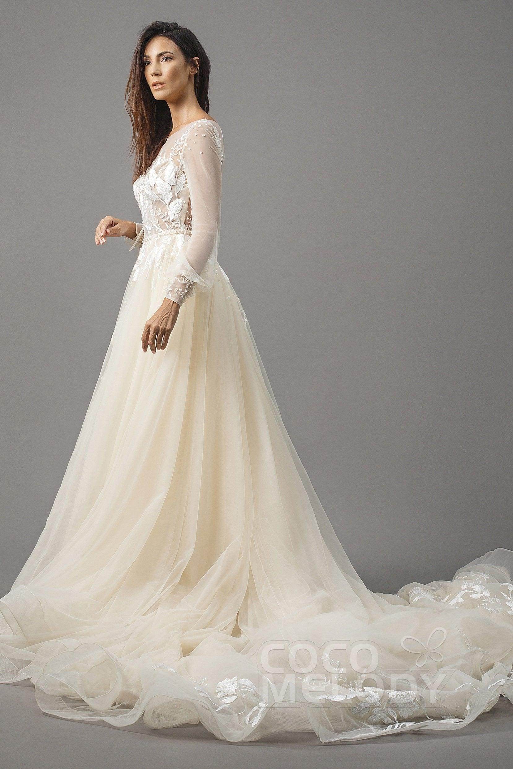 A-Line Chapel Train Tulle Wedding Dress LD5199