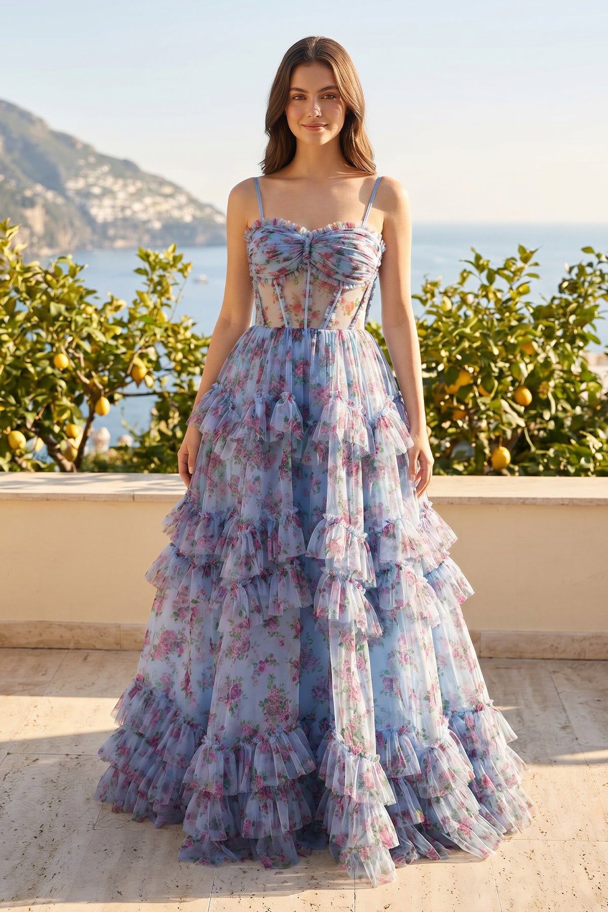 A-Line Blue Floral Corset Tulle Ruffles Long Prom Dresses