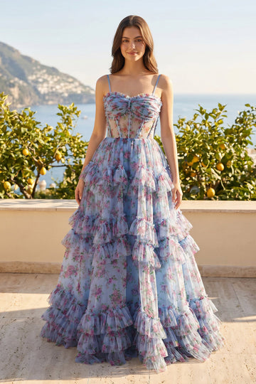 A-Line Blue Floral Corset Tulle Ruffles Long Prom Dresses