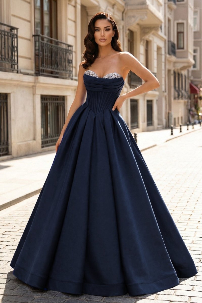A-Line Beaded Sweetheart Royal Blue Satin Prom Dress