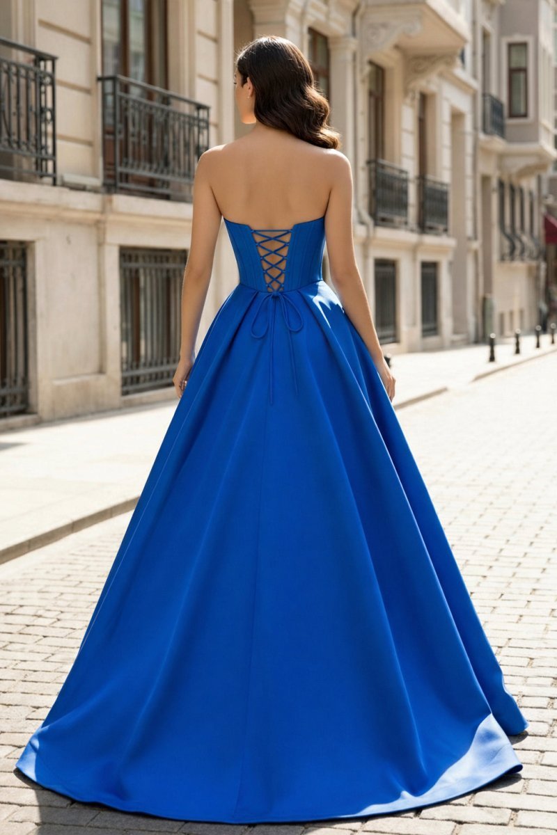 A-Line Beaded Sweetheart Royal Blue Satin Prom Dress