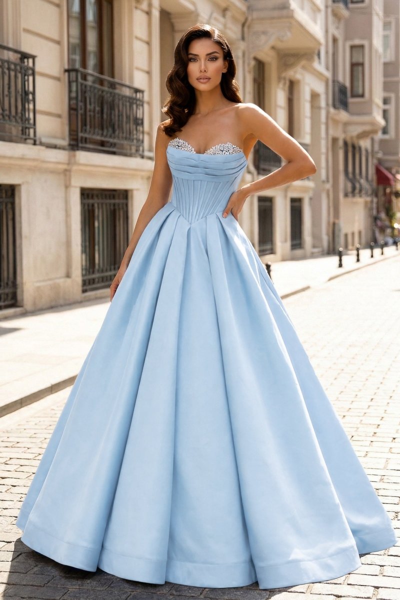 A-Line Beaded Sweetheart Royal Blue Satin Prom Dress