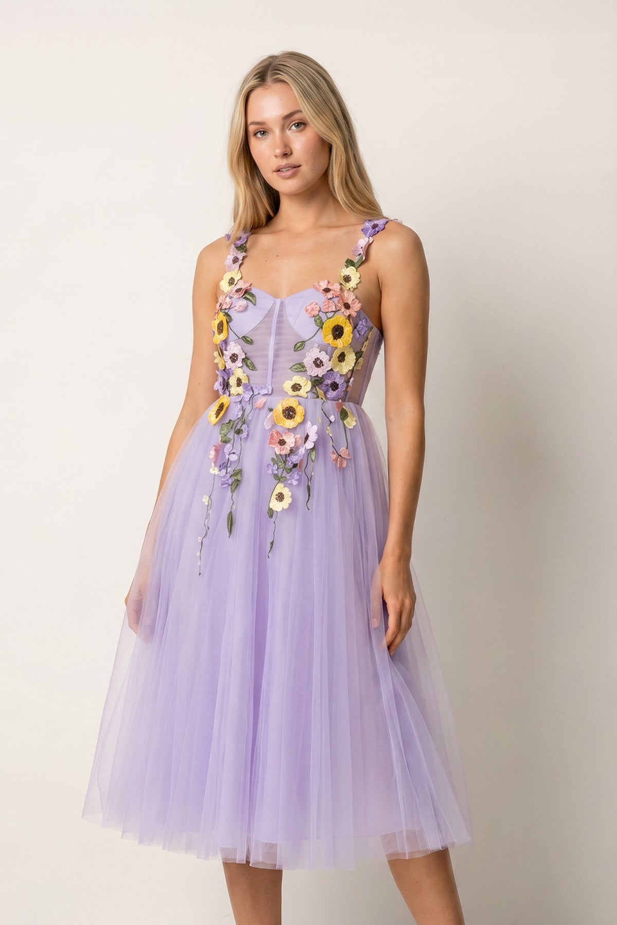 3D Flower Tulle Tea Length Prom Dresses