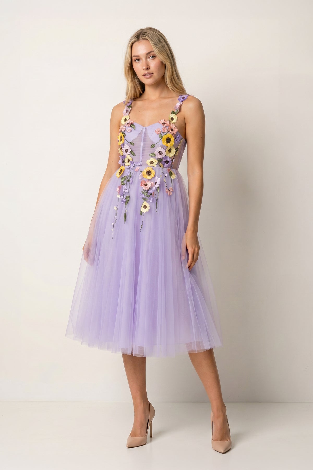 3D Flower Tulle Tea Length Prom Dresses
