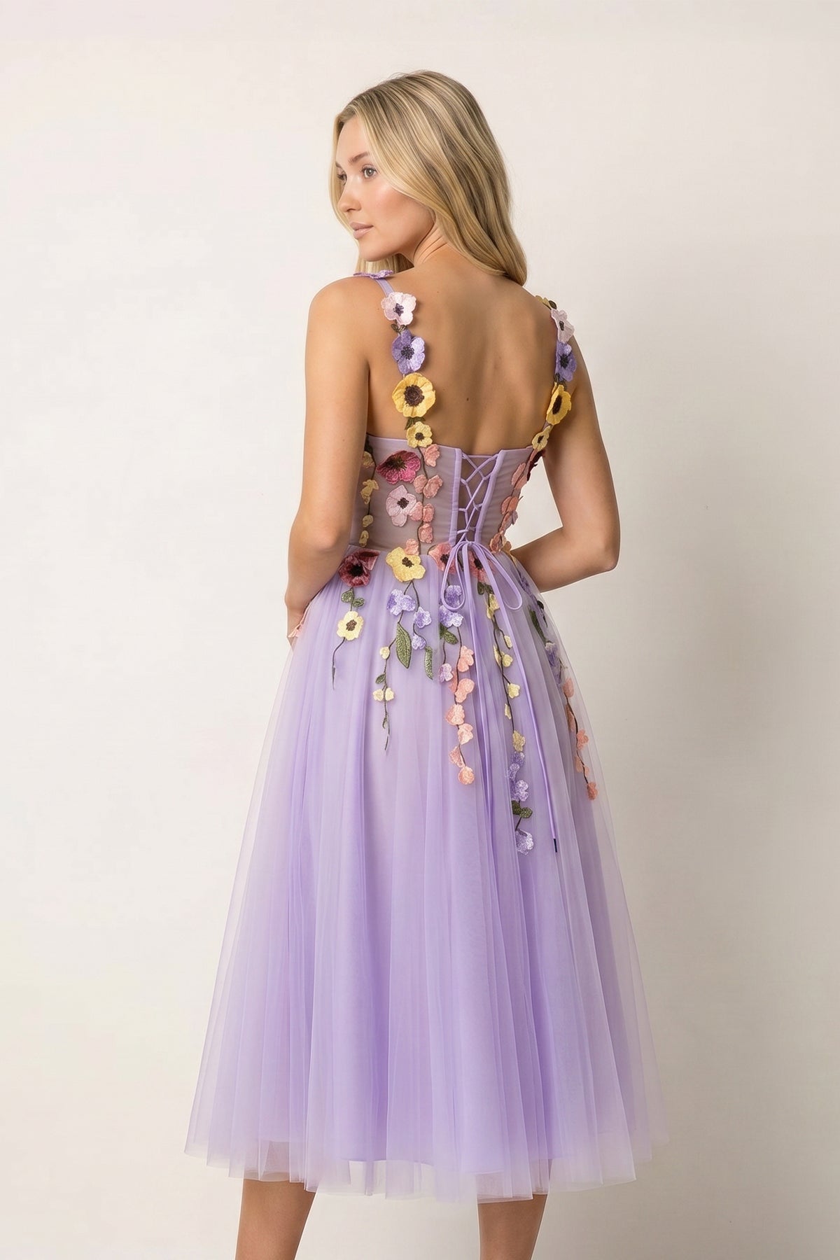 3D Flower Tulle Tea Length Prom Dresses
