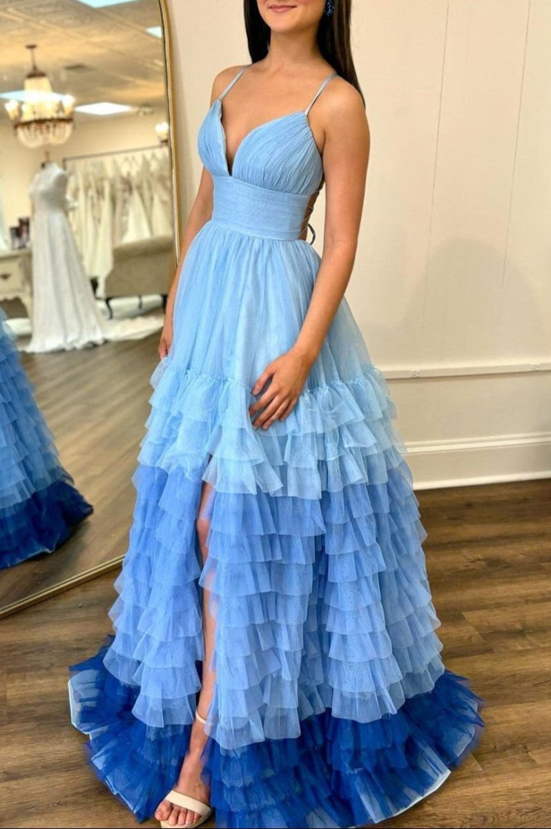 A Line Spaghetti Straps Lilac Tulle Prom Dresses with Slit