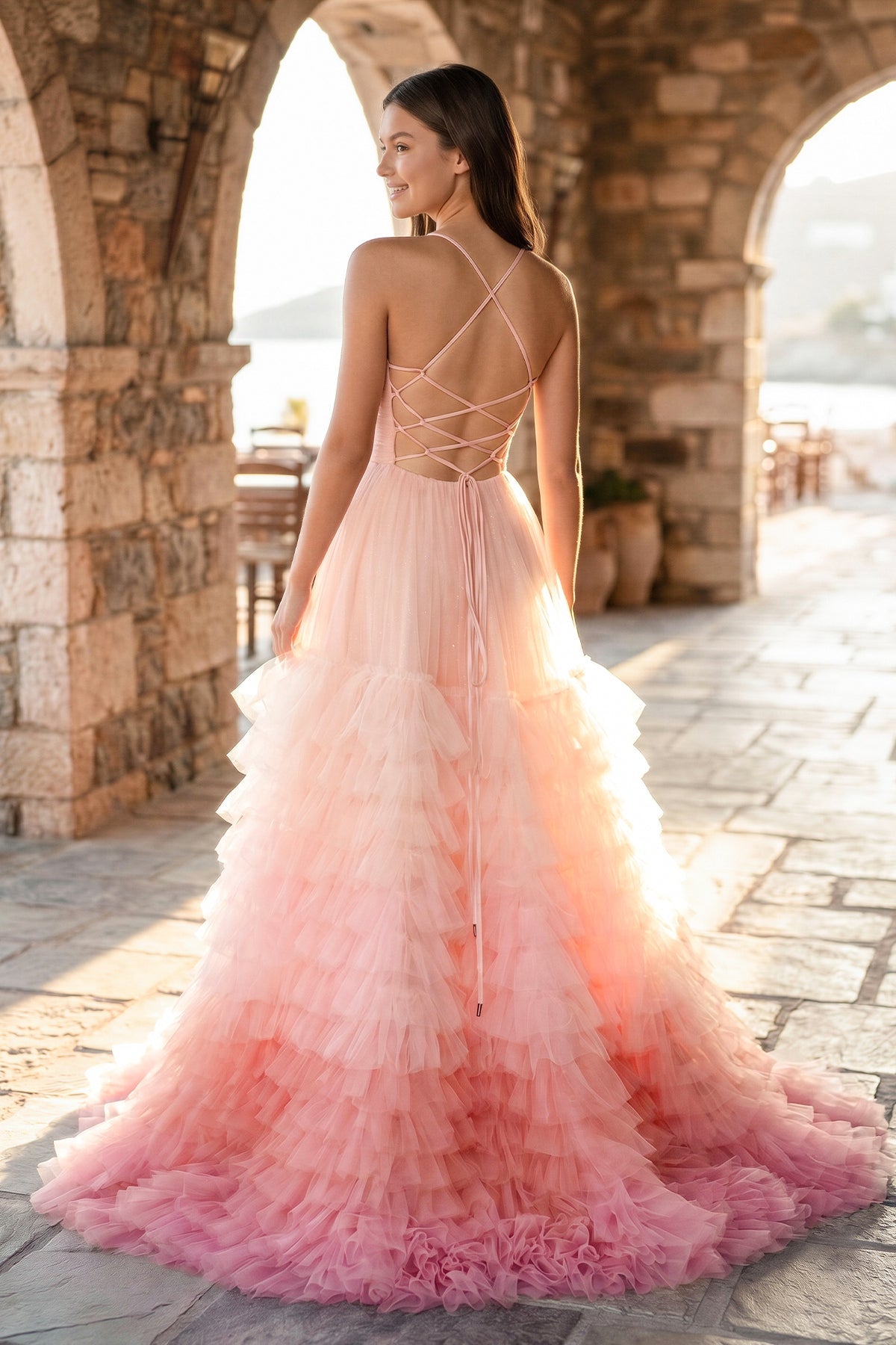 A Line Spaghetti Straps Lilac Tulle Prom Dresses with Slit